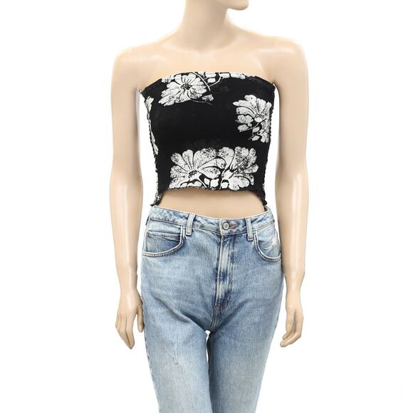 Free People Poppy Tube Blouse Top Strapless Floral Smocked Ruffle S NWT 280685 - Picture 4 of 7